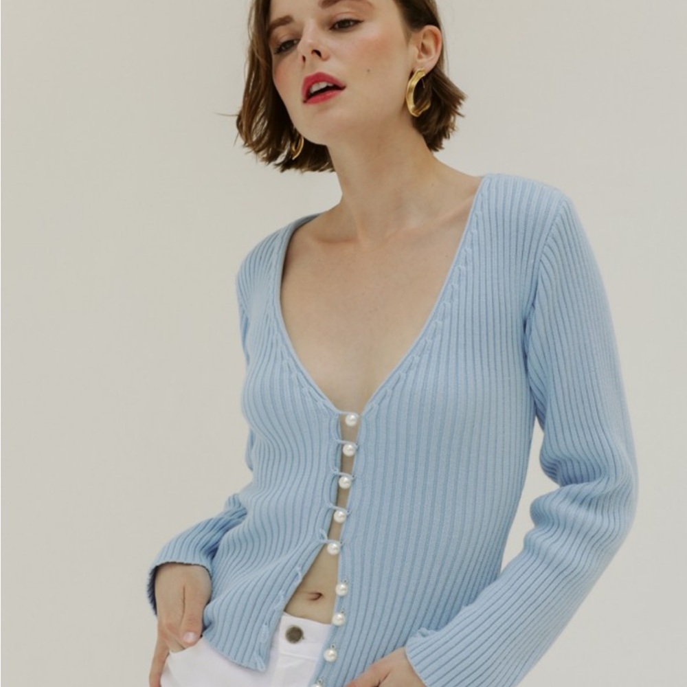 Musier Paris Light Blue Ribbed V-Neck Cardigan with Pearl Buttons